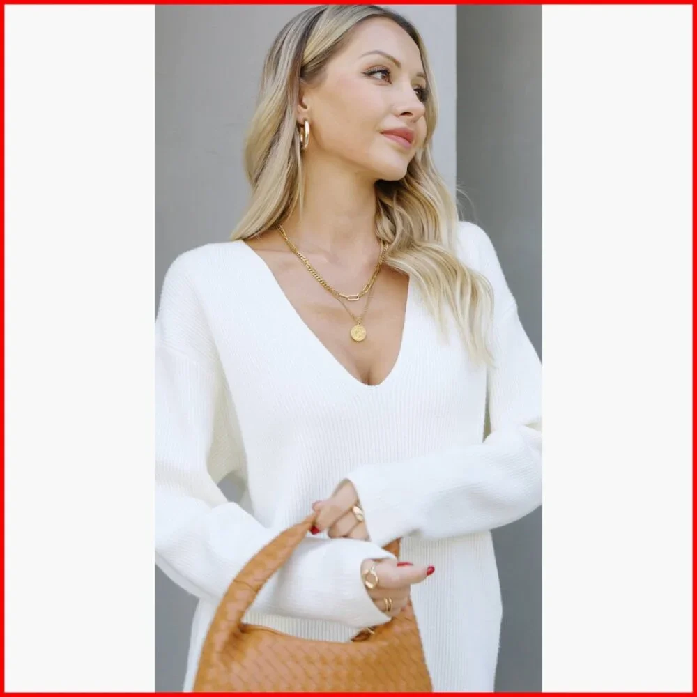 Oversized Deep V-Neck Pullover Sweater, Long Sleeve Waffle Knit Tunic - Picture 6 of 7
